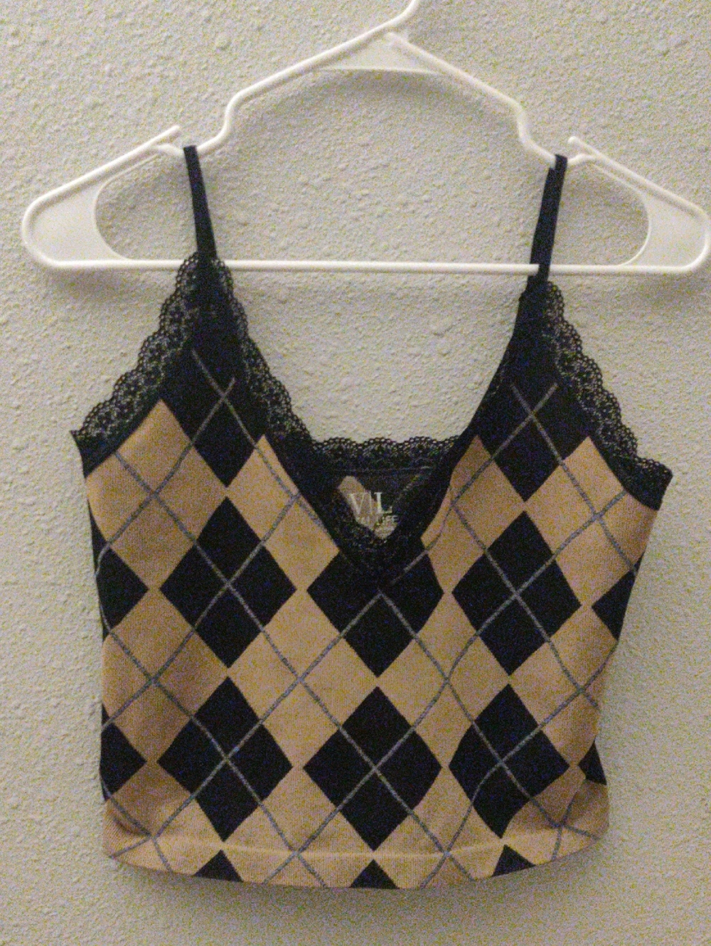 Argyle Lace-Trim Cami Tank Top in Beige & Black